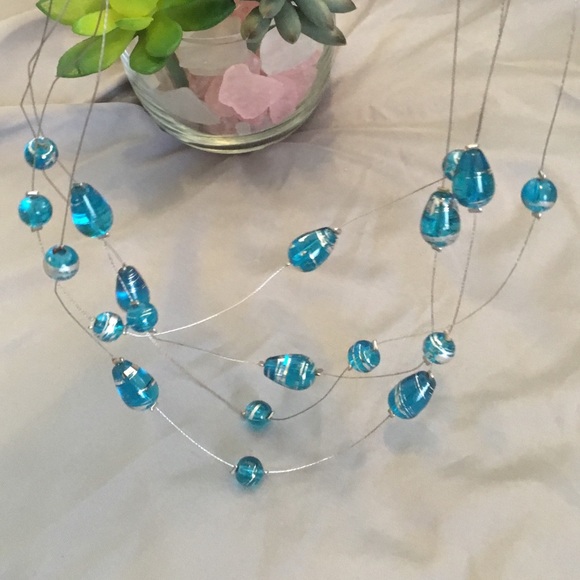 Jewelry - Blue & Silver Beaded 3 Strand Necklace